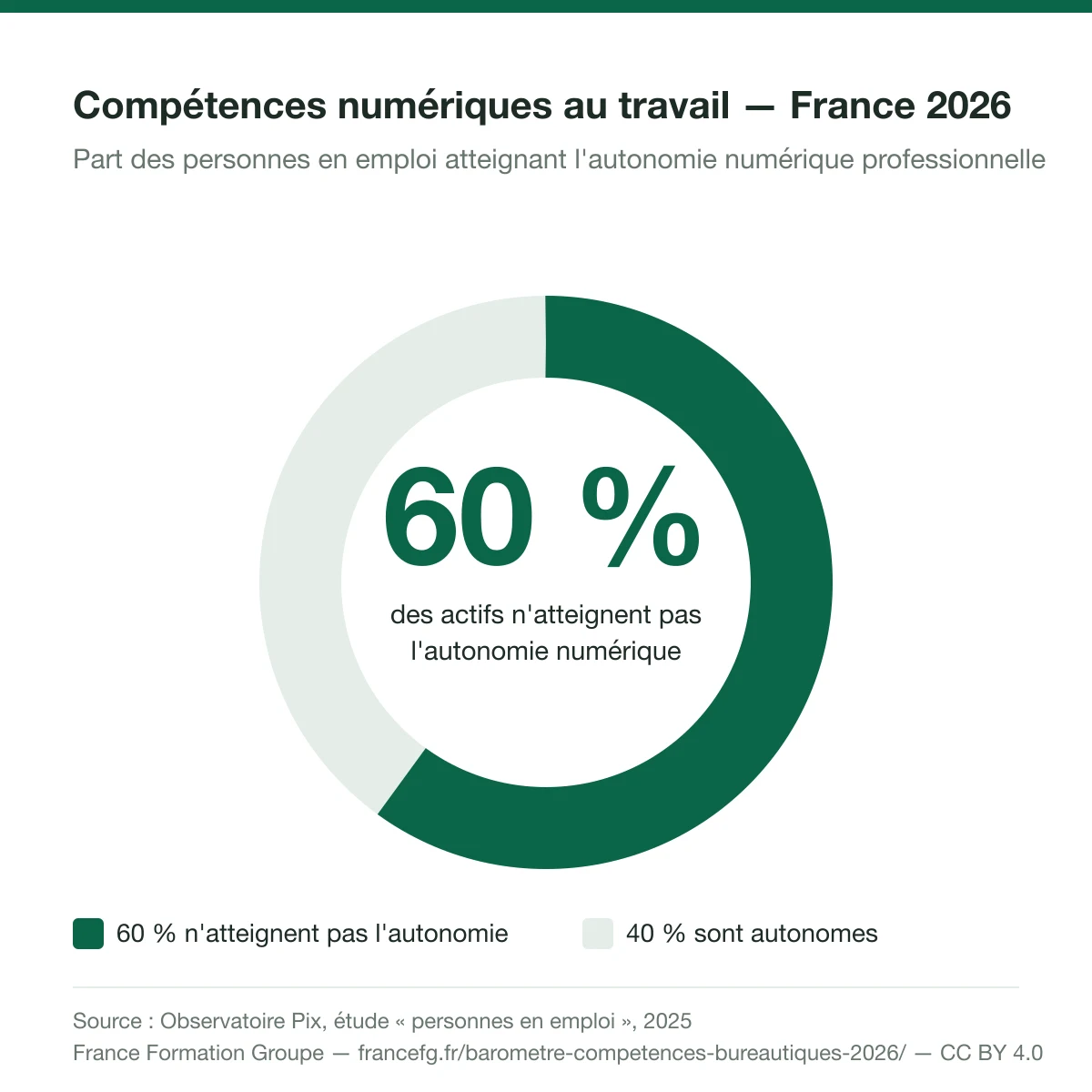 Infographie : 60 % des actifs n'atteignent pas l'autonomie numérique professionnelle en France (Observatoire Pix 2025)