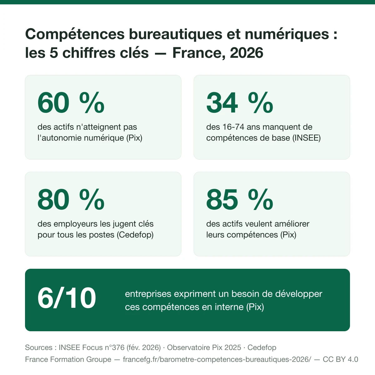 Infographie : les 5 chiffres clés des compétences bureautiques et numériques en France 2026 (INSEE, Pix, Cedefop)