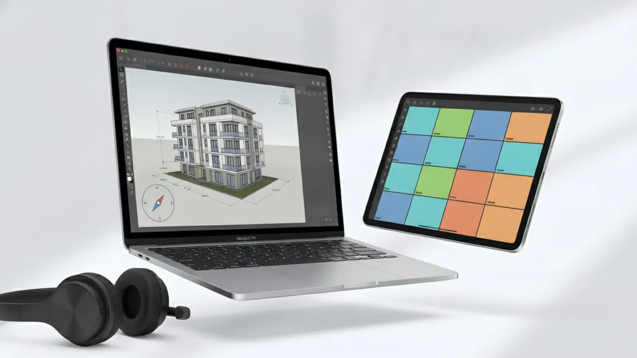 Mockup laptop avec SketchUp (modèle 3D maison) et tablette wireframe — formation CAO 3D 100% en ligne certifiante CPF