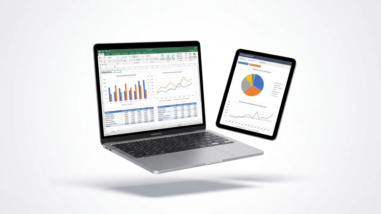 Mockup laptop et tablette avec tableau de bord Microsoft Excel — formation Excel certifiante CPF