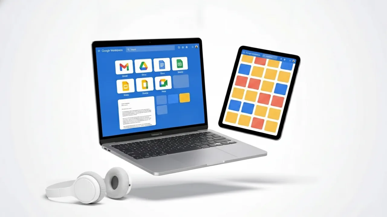 Mockup laptop avec Google Workspace — Gmail, Drive, Docs, Sheets, Slides, Meet — formation 100% en ligne