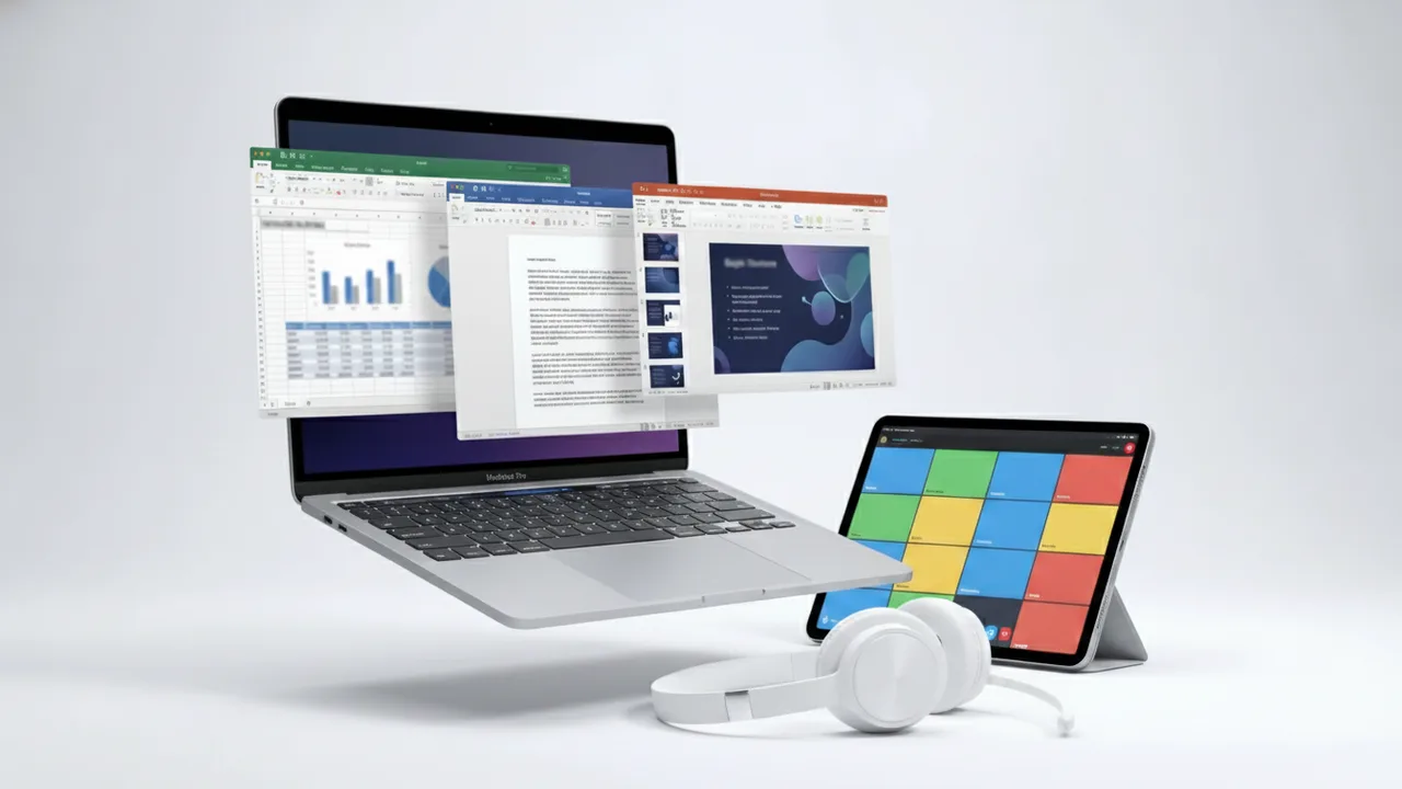 Mockup laptop avec Excel, Word, PowerPoint et tablette productivité — formation Pack Office 100% en ligne