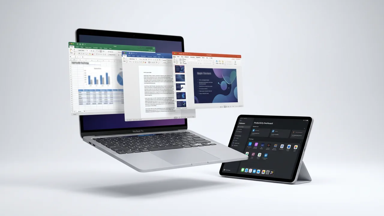 Mockup laptop avec Excel, Word, PowerPoint et tablette productivité — formation Pack Office