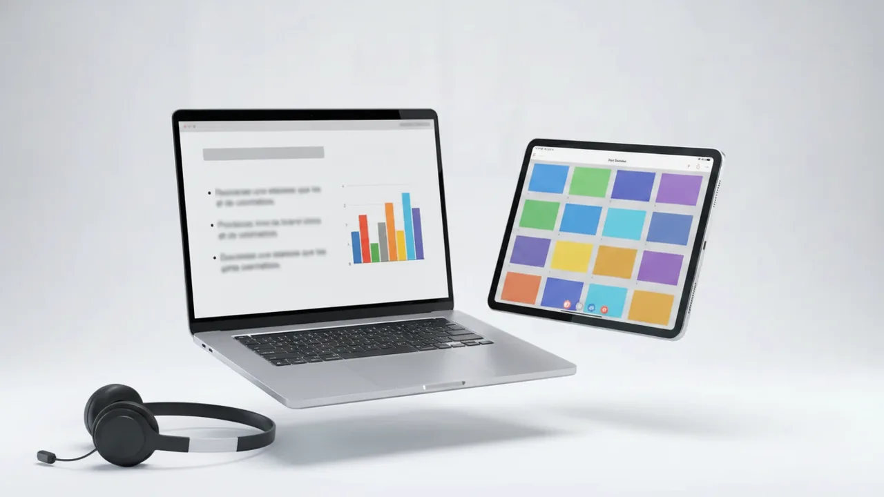 Mockup laptop avec présentation PowerPoint et tablette miniatures slides — formation PowerPoint 100% en ligne certifiante CPF
