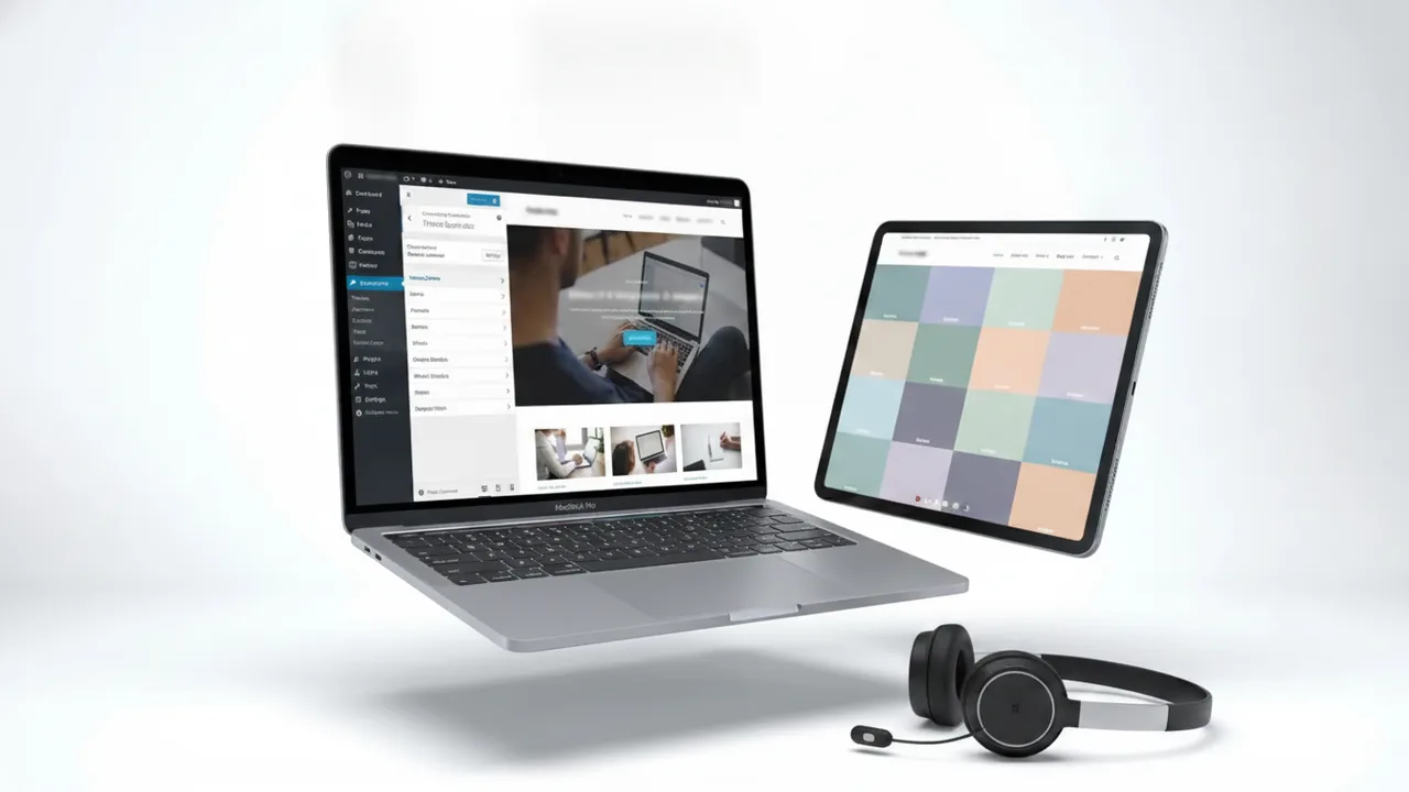 Mockup laptop avec admin WordPress et tablette preview site — formation WordPress 100% en ligne certifiante CPF