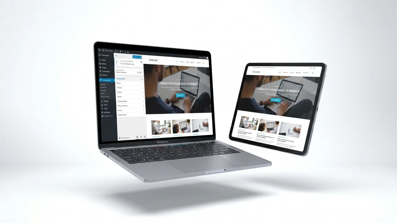 Mockup laptop avec admin WordPress et tablette preview site — formation WordPress certifiante CPF