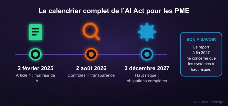 Calendrier ai act complet pour les PME : article 4 février 2025, contrôles et transparence août 2026, haut risque décembre 2027