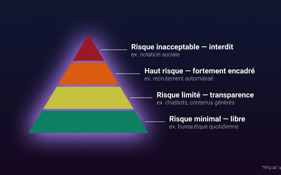 Pyramide des quatre niveaux de risque de l'AI Act : inacceptable interdit, haut risque encadré, limité transparence, minimal libre