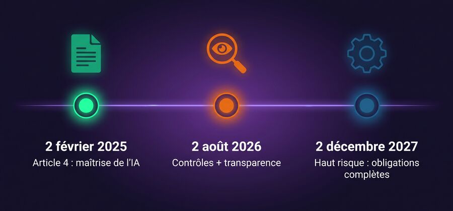 Calendrier AI Act pour les PME : article 4 en février 2025, contrôles en août 2026, haut risque décembre 2027