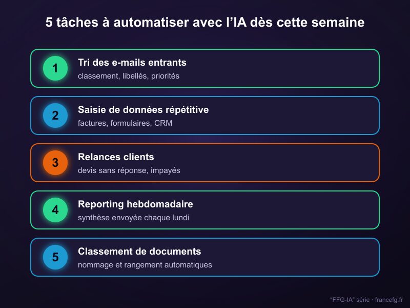 Infographie : cinq tâches répétitives à automatiser avec l'IA cette semaine en PME