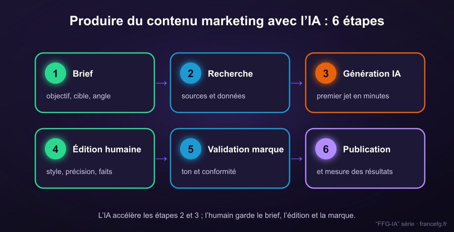 Workflow de production de contenu marketing avec IA en six étapes, du brief à la validation de marque