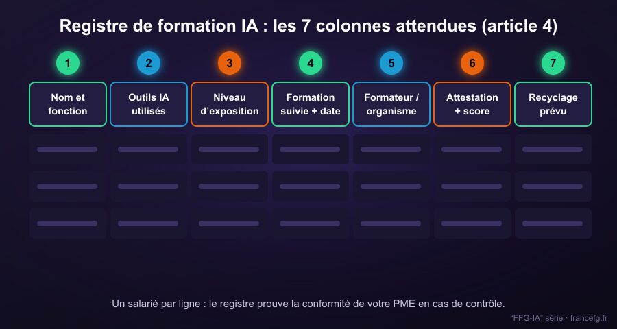 Registre formation IA exemple : modèle annoté avec les 7 colonnes attendues par l'article 4