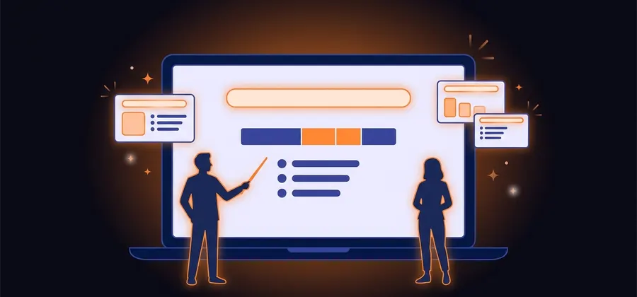 Illustration formation PowerPoint : deux stagiaires devant un grand écran affichant une présentation avec diapositives