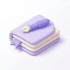 Icône 3D pile de documents et stylo plume — cas d’usage rédaction et édition
