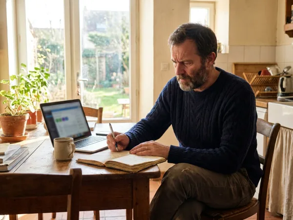 Adulte en reconversion professionnelle prenant des notes pendant un cours en ligne