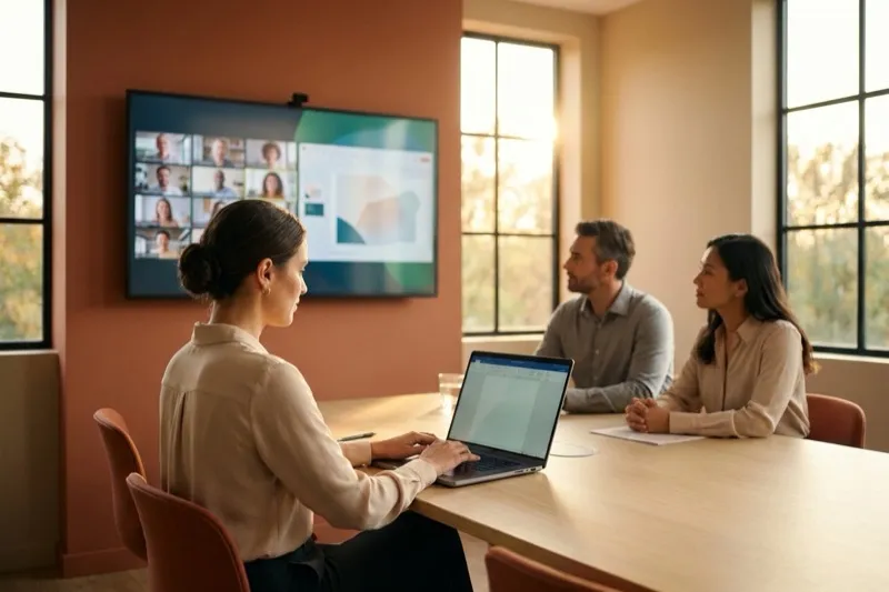 Équipe en visioconférence autour d'un document partagé — formation Google Workspace à Lyon
