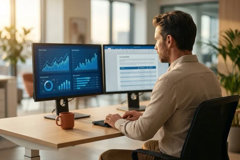 Professionnel travaillant sur tableur et document en double écran — formation Pack Office à Nice