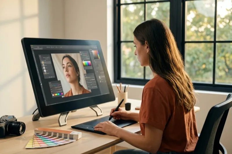 Graphiste retouchant un portrait à la tablette graphique — formation Photoshop à Nice