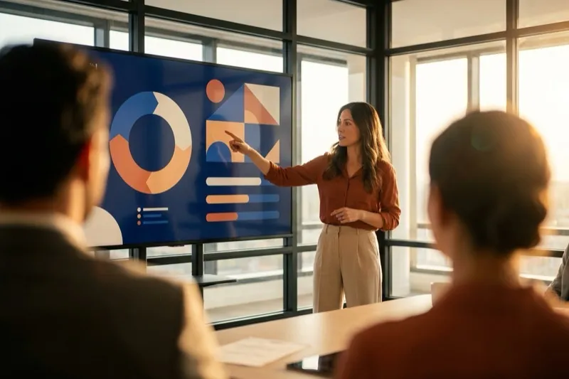 Formatrice présentant des diapositives en réunion — formation PowerPoint à Nice