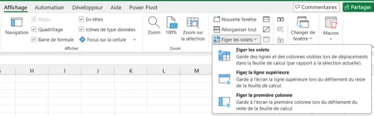 Menu Figer les volets dans Excel : onglet Affichage avec les options Figer la ligne supérieure et Figer la première colonne