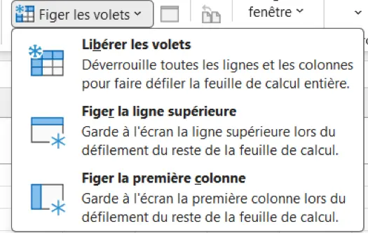 Menu Libérer les volets dans Excel pour annuler le figement des lignes et colonnes