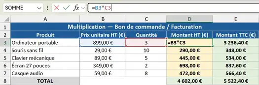 Barre de formule Excel affichant =C4*D4 multiplication