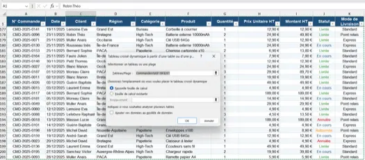 Insertion d'un tableau croisé dynamique dans Excel via l'onglet Insertion
