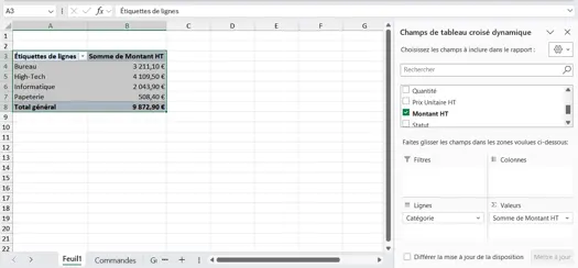 Premier tableau croisé dynamique Excel simple montrant le montant par catégorie