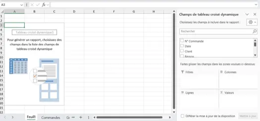 Volet des champs d'un tableau croisé dynamique Excel avec les zones Filtres, Colonnes, Lignes et Valeurs