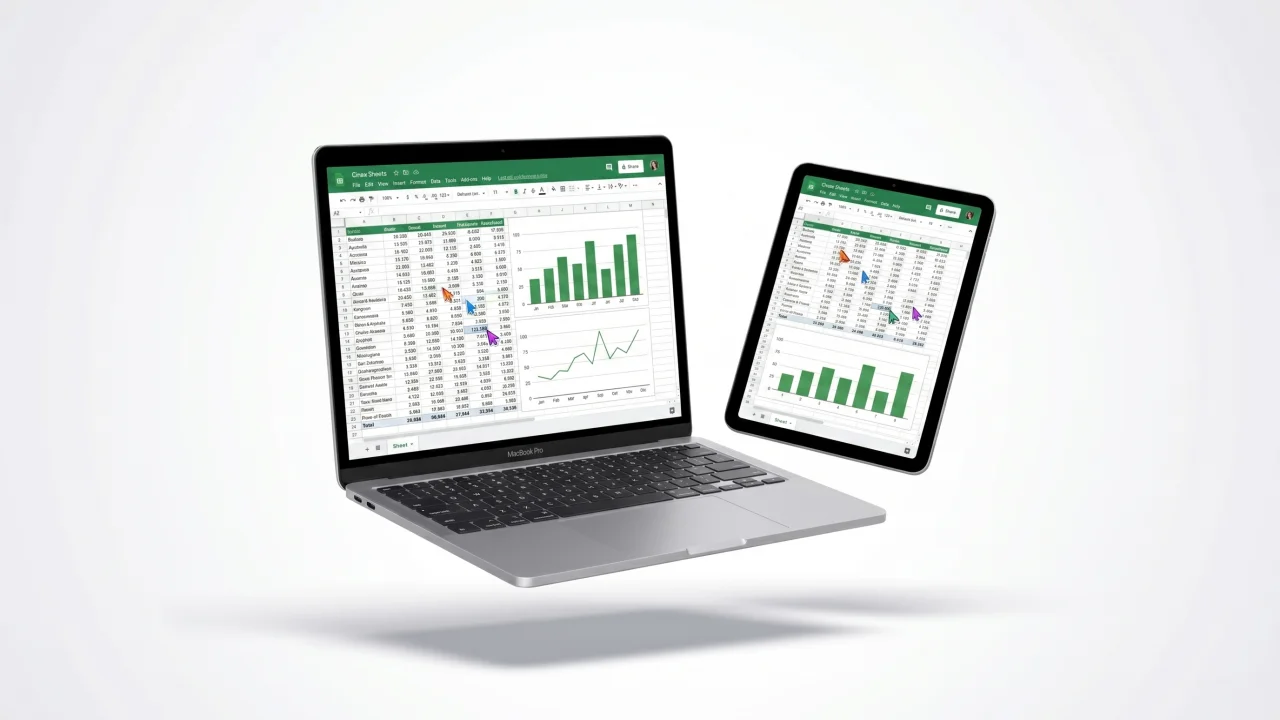 Mockup laptop et tablette avec Google Sheets — formation Google Sheets 100% en ligne certifiante
