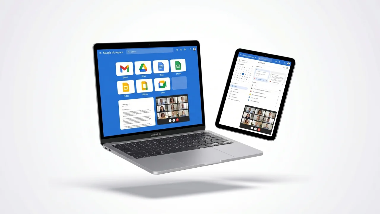 Mockup laptop avec Google Workspace — Gmail, Drive, Docs, Sheets, Slides, Meet — formation certifiante