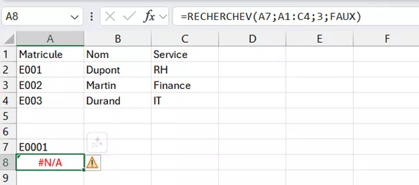 Erreur #N/A avec RECHERCHEV dans Excel à éviter