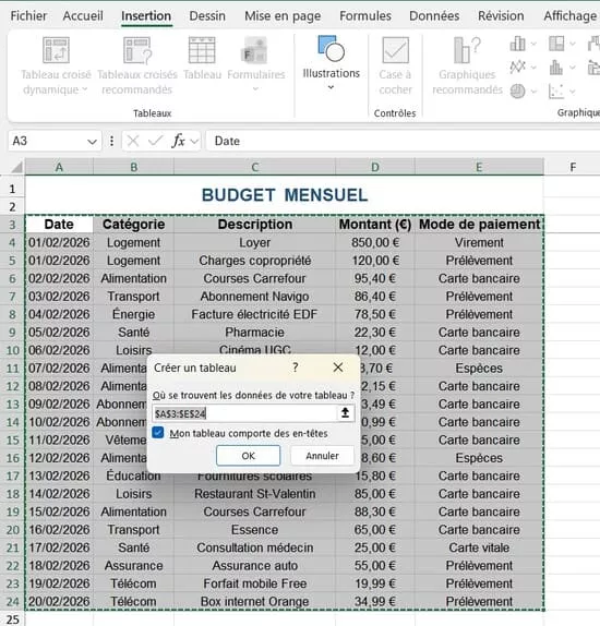 Boîte de dialogue Créer un tableau sur Excel avec l'option mon tableau comporte des en-têtes cochée