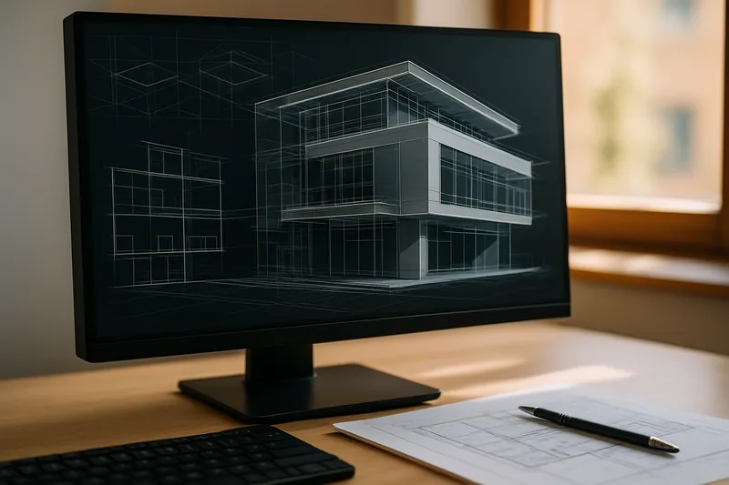 Écran de logiciel AutoCAD affichant un plan technique 3D pour un projet de bâtiment à Aix-en-Provence
