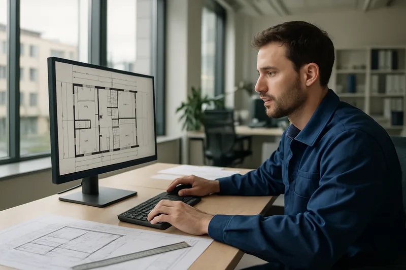 Technicien en bureau d'études réalisant un plan CAO 3D à Angers