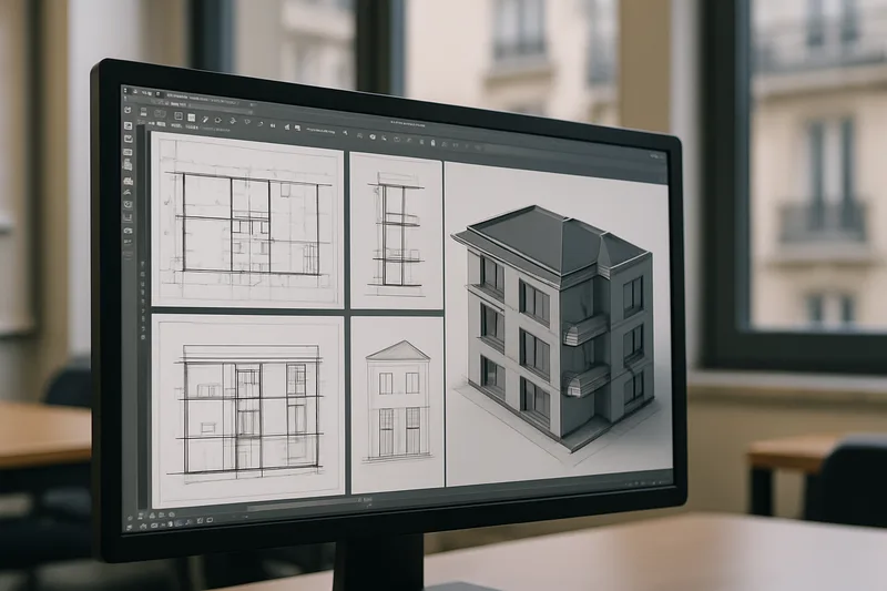 Écran de logiciel CAO affichant un modèle 3D de bâtiment réalisé lors d'une formation à Angers