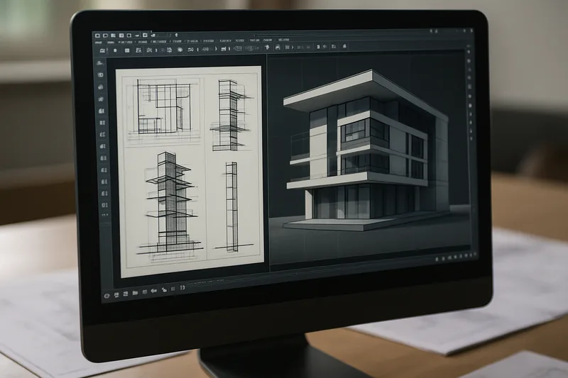 Écran de logiciel CAO montrant un modèle 3D de bâtiment en cours de conception à Arles