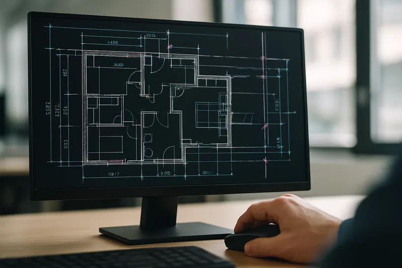Écran AutoCAD avec plan de bâtiment coté — formation CAO 3D Bordeaux