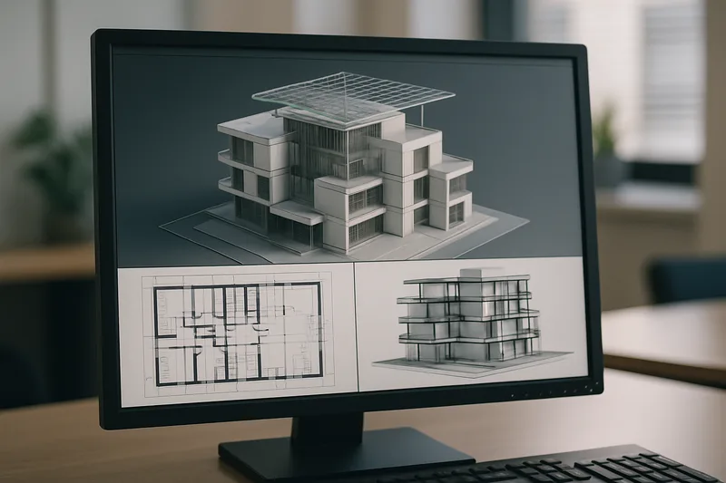 Écran logiciel AutoCAD avec modélisation 3D d'un bâtiment, formation CAO à Clermont-Ferrand