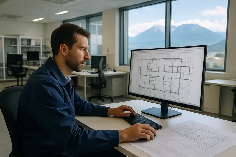 Technicien en bureau d'études travaillant sur des plans CAO 3D à Grenoble