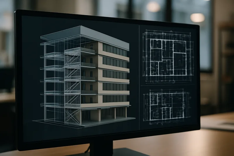 Écran de logiciel CAO affichant un modèle 3D de bâtiment pour une formation à Grenoble