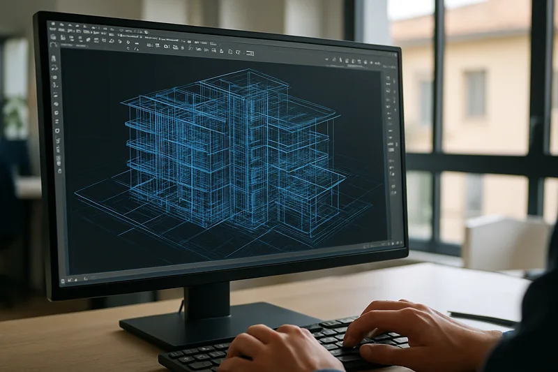 Écran de logiciel AutoCAD montrant un plan de bâtiment en cours de modélisation 3D — formation CAO 3D Istres
