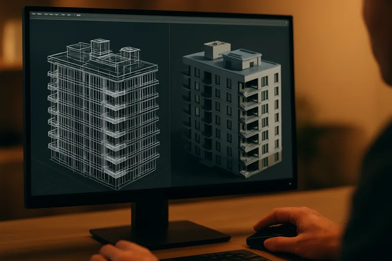 Écran logiciel CAO 3D avec modèle architectural à Limoges — vue 3D d'un bâtiment sous AutoCAD ou Revit