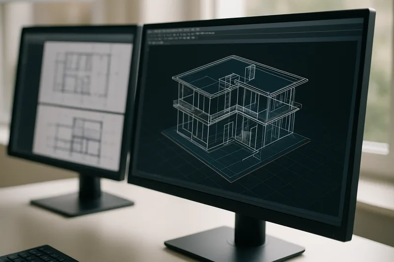 Écran logiciel CAO 3D modélisation bâtiment Lyon plan technique AutoCAD