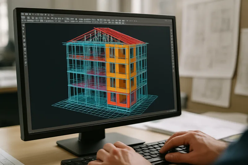 Écran logiciel CAO 3D à Marseille — modélisation 3D d'un bâtiment sous AutoCAD ou Revit