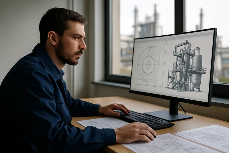 Technicien CAO 3D en bureau d'études à Martigues consultant des plans techniques sur écran
