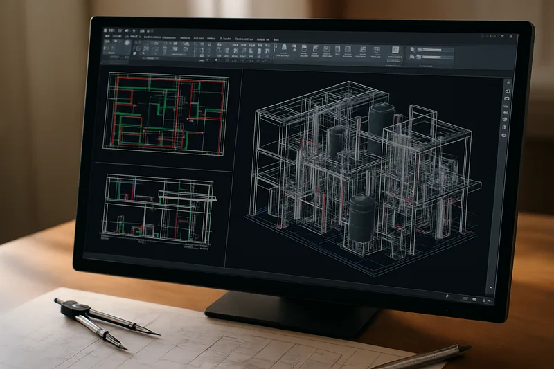 Écran AutoCAD affichant un plan de bâtiment industriel modélisé en 3D, formation CAO Martigues