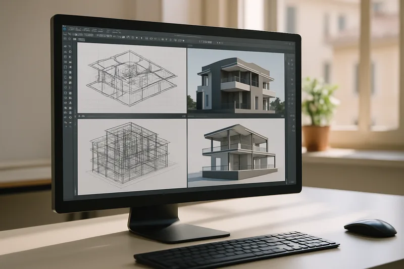 Écran de modélisation 3D AutoCAD avec plans de bâtiment — formation CAO 3D Montpellier