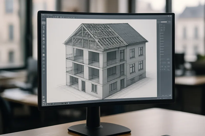 Écran de logiciel CAO 3D affichant un modèle architectural en cours de modélisation à Nantes