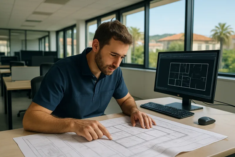 Technicien bureau d'études travaillant sur un plan CAO 3D à Nice